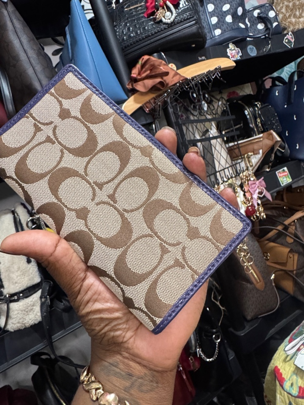 Coach Canvas Card Holder in Tan with Purple Trim